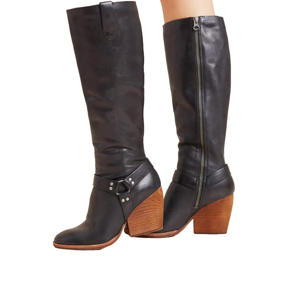 KORK EASE Lett Tall Black Leather Buckle Boots 8.5 M - Picture 1 of 6